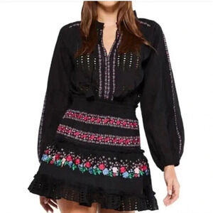Misa Los Angeles Manuela Dress Long Sleeve Floral Embroidered Black Size Large